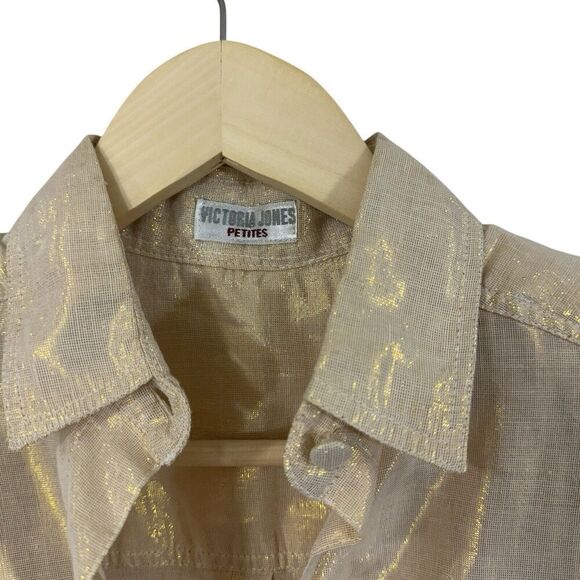 Victoria Jones Petites Medium PM Button Front Shirt Metallic Shiny Womens - Picture 4 of 13